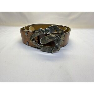 Brown Distressed Leather Belt W Large Abstract Metal Buckle - Size 36 To 39.5